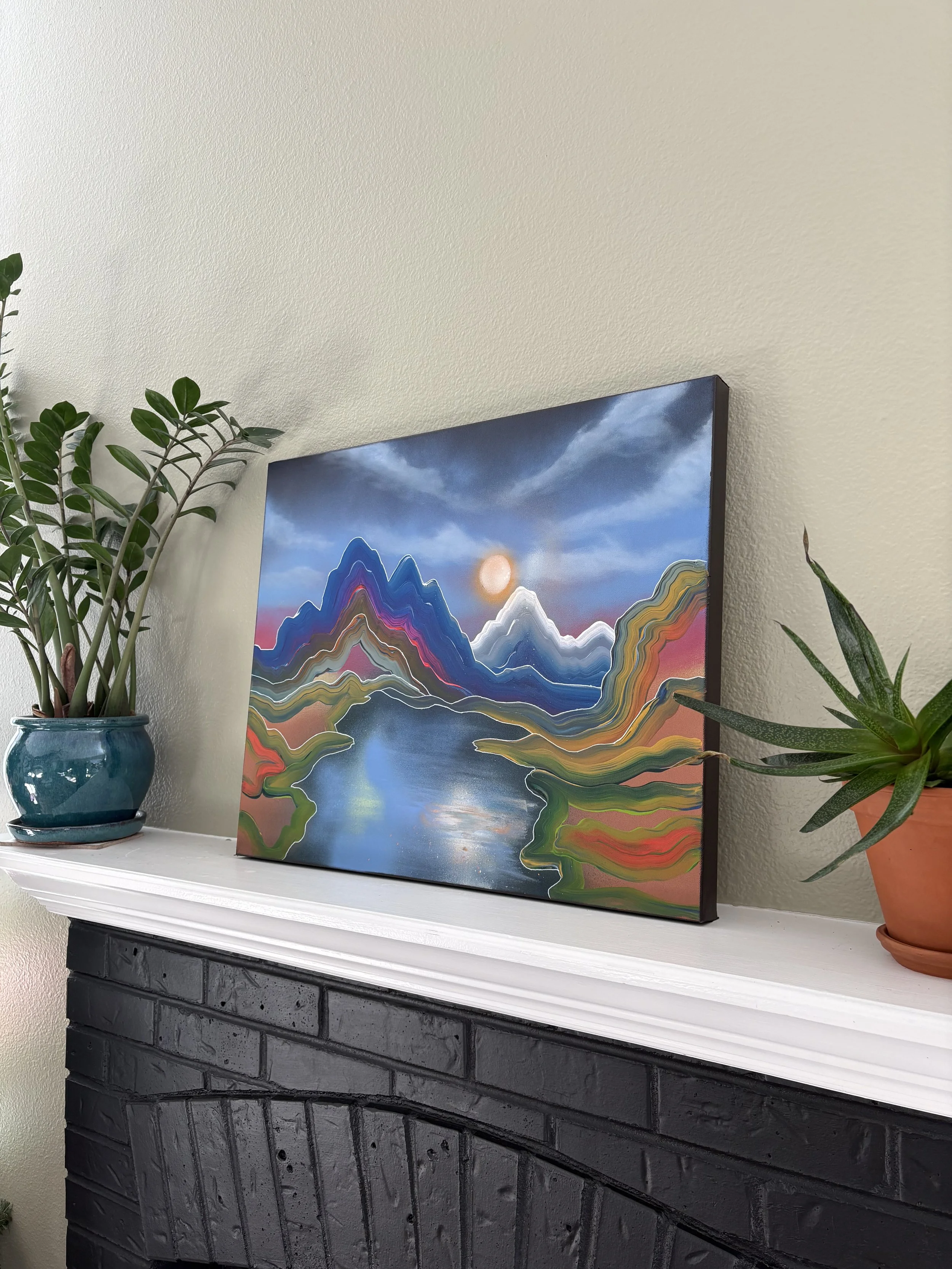 A vibrant abstract landscape celebrating self-growth and inner alignment. Rise Into Your Own invites viewers to choose the path that nourishes the spirit by Colorado artist Jessie Belisle.