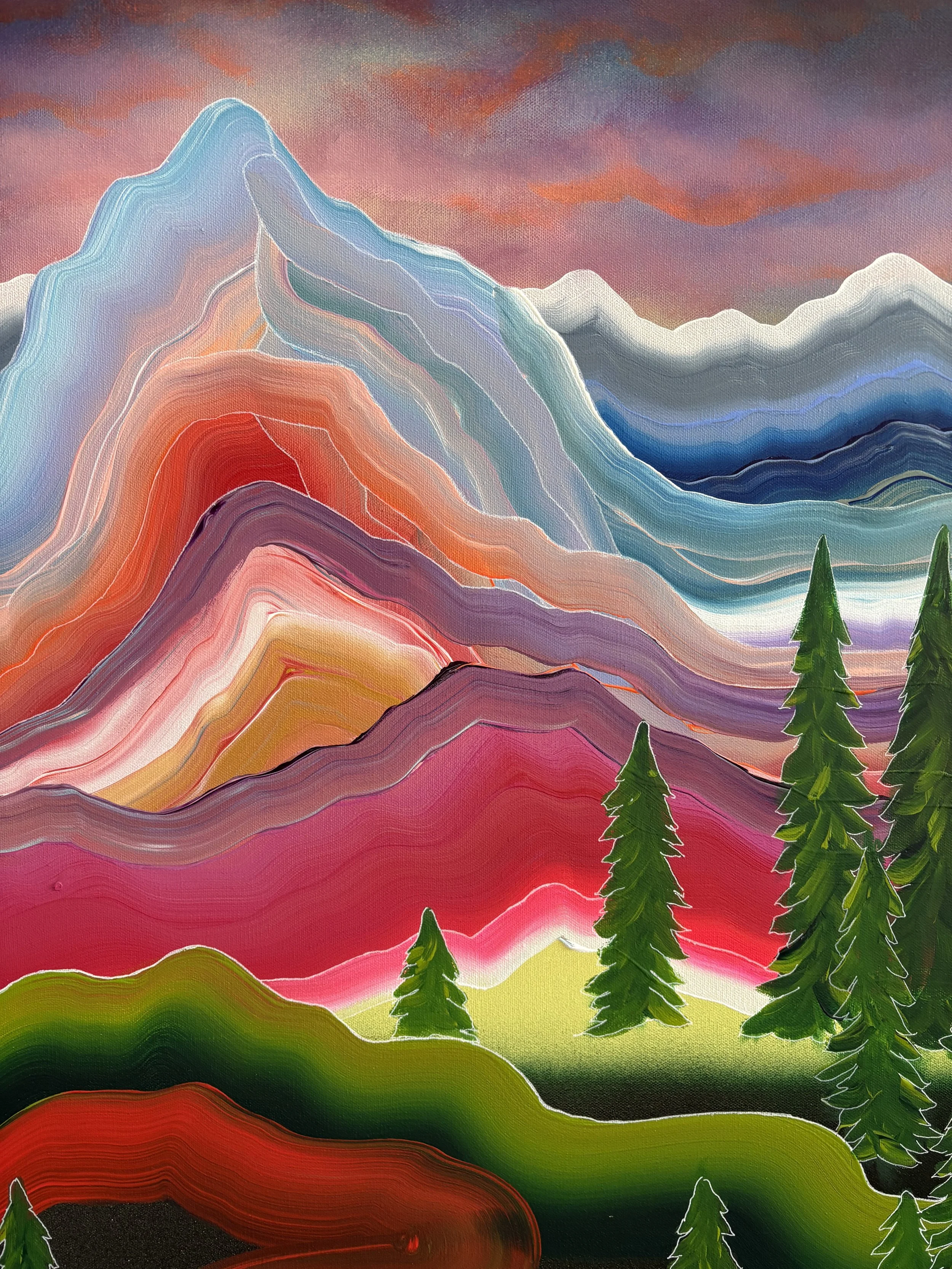 Even Under Dark Skies painting by Colorado artist Jessie Belisle — vibrant layered mountain landscape beneath a dark dramatic sky with evergreen trees.