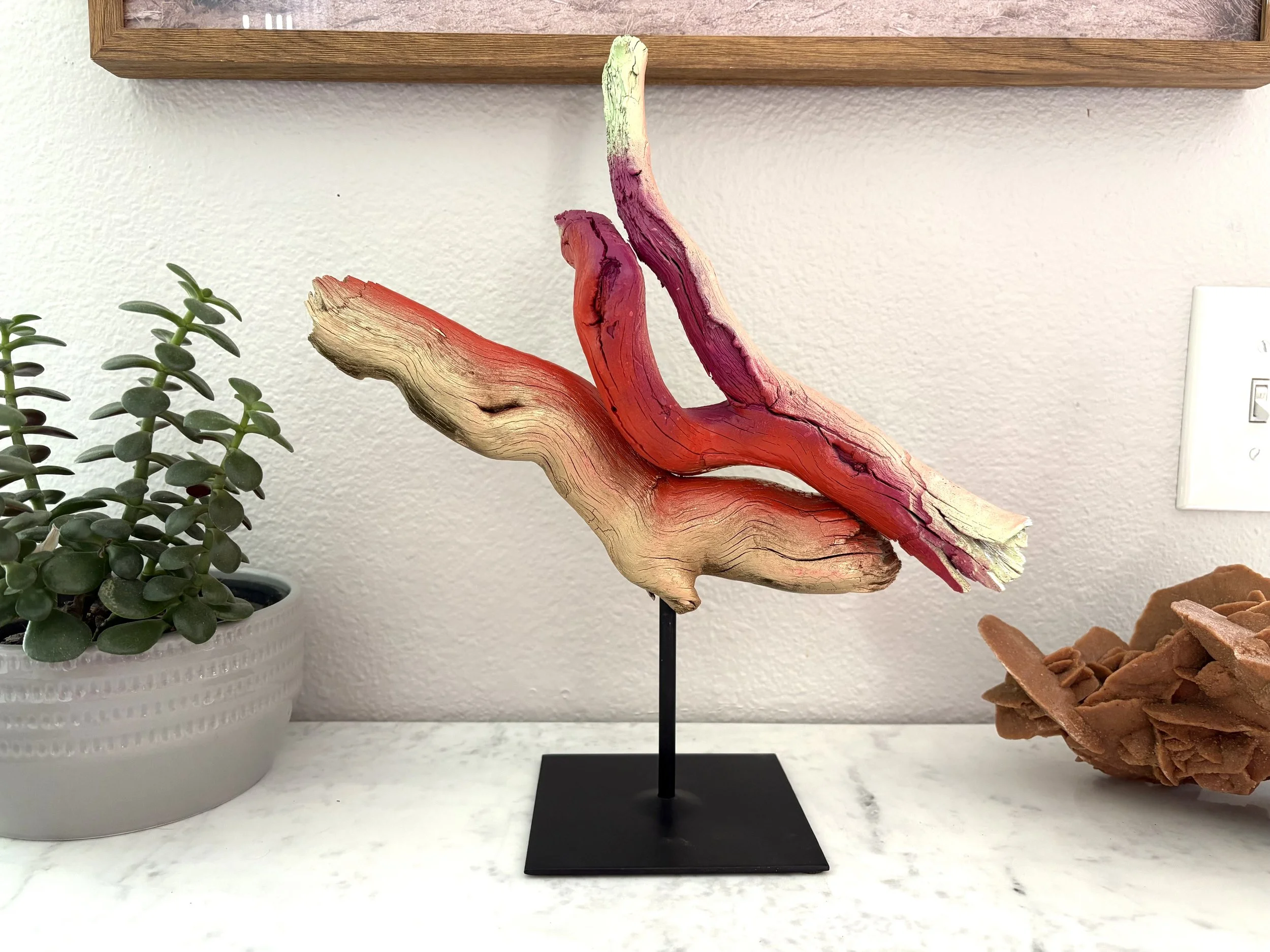 Rooted in Motion — contemporary abstract wood sculpture by Colorado artist Jessie Belisle, crafted from found weathered wood exploring balance, resilience, and transformation.”