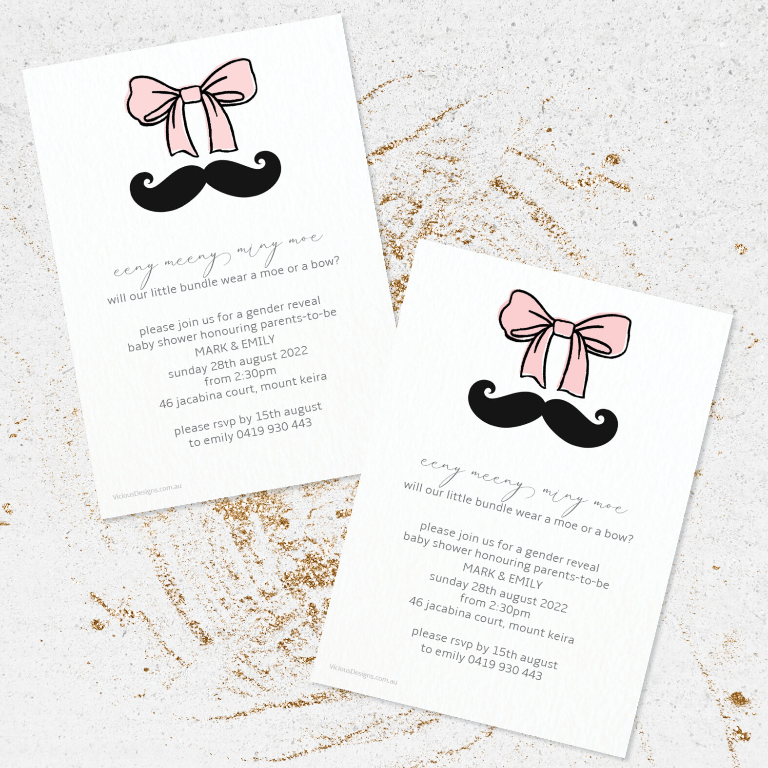 Moe or Bow? // Blush &amp; Rosa

Invite your guests to your gender reveal in style with one of our new range of Lil Tykes baby shower invites. Featuring a pretty watercolour bow and a glorious curled moustache, available in a range of colour palettes