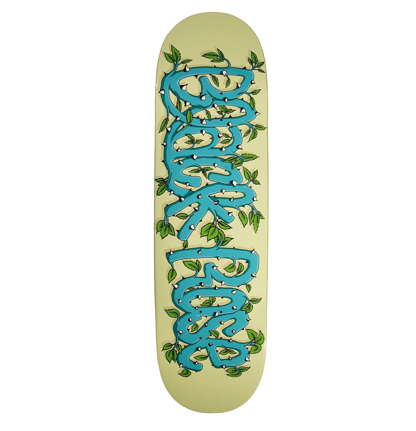 new 2025 black rose skateboard deck sage green with teal font thorns spelling brand