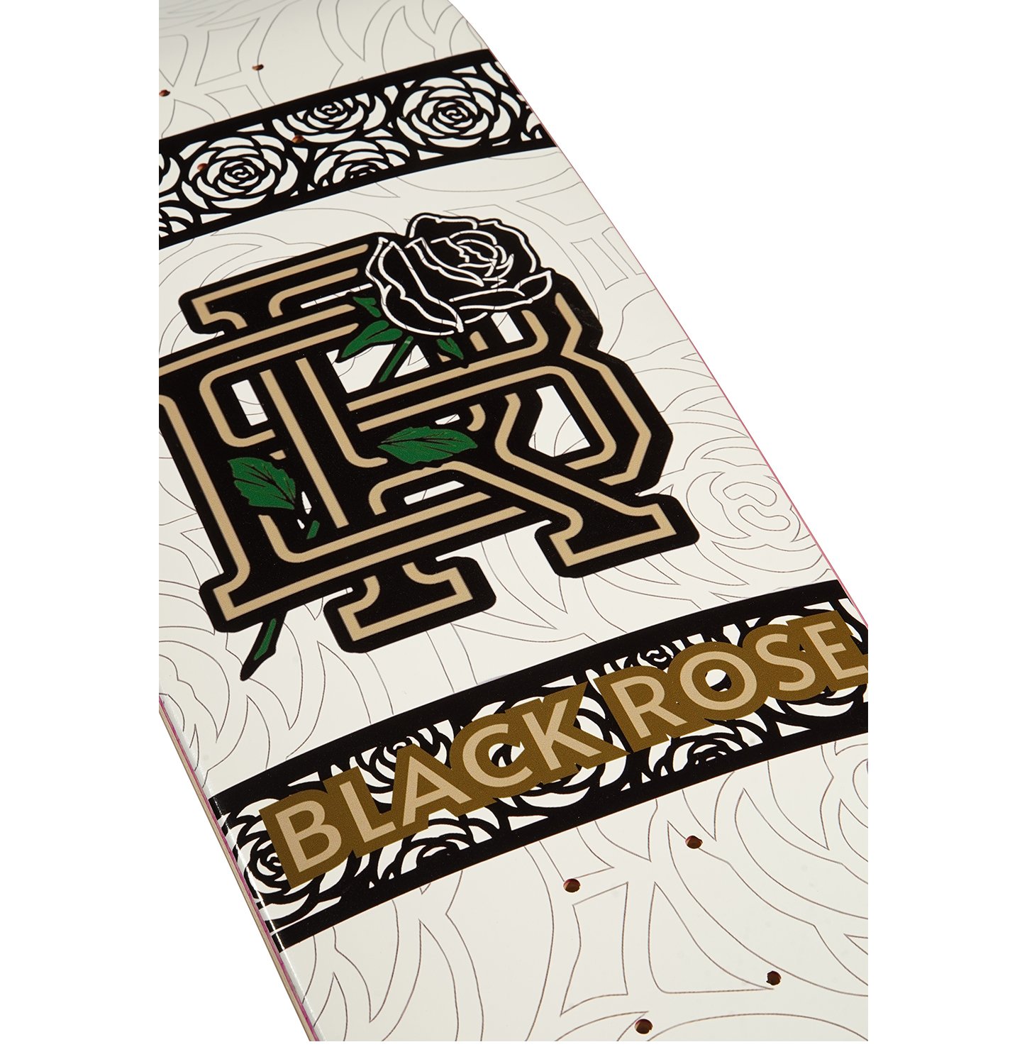 close up of the black rose skateboards BR monogram size 9 skateboard deck