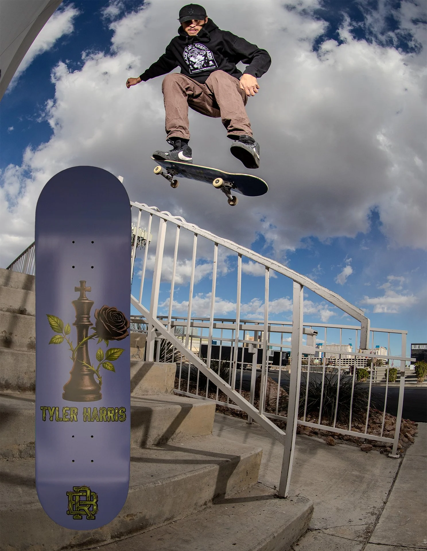 skateboarder Tyler Harris kickflip back side 5050 handrail with wavy skate stoppers on it, with his new pro model chess king piece board photoshopped onto photo