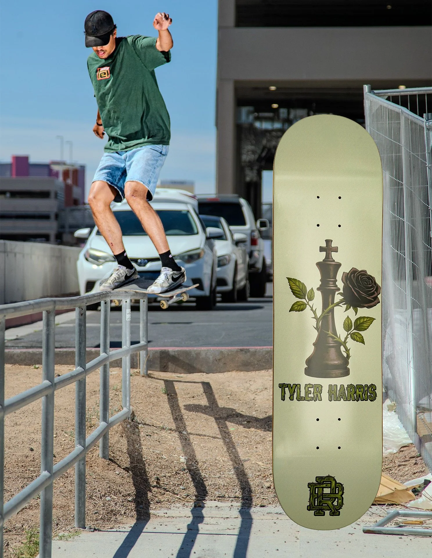 Tyler Harris skateboarding doing feeble grind pop over on long guard rail with his new king chess piece board photoshopped on to image