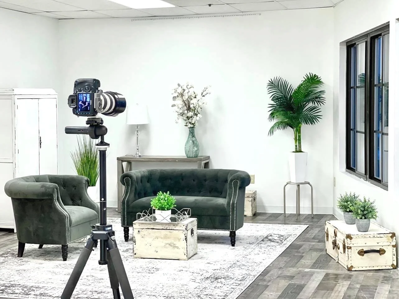 Behind the scenes setting up a portrait session at Lilac and Birch Studio Manchester New Hampshire