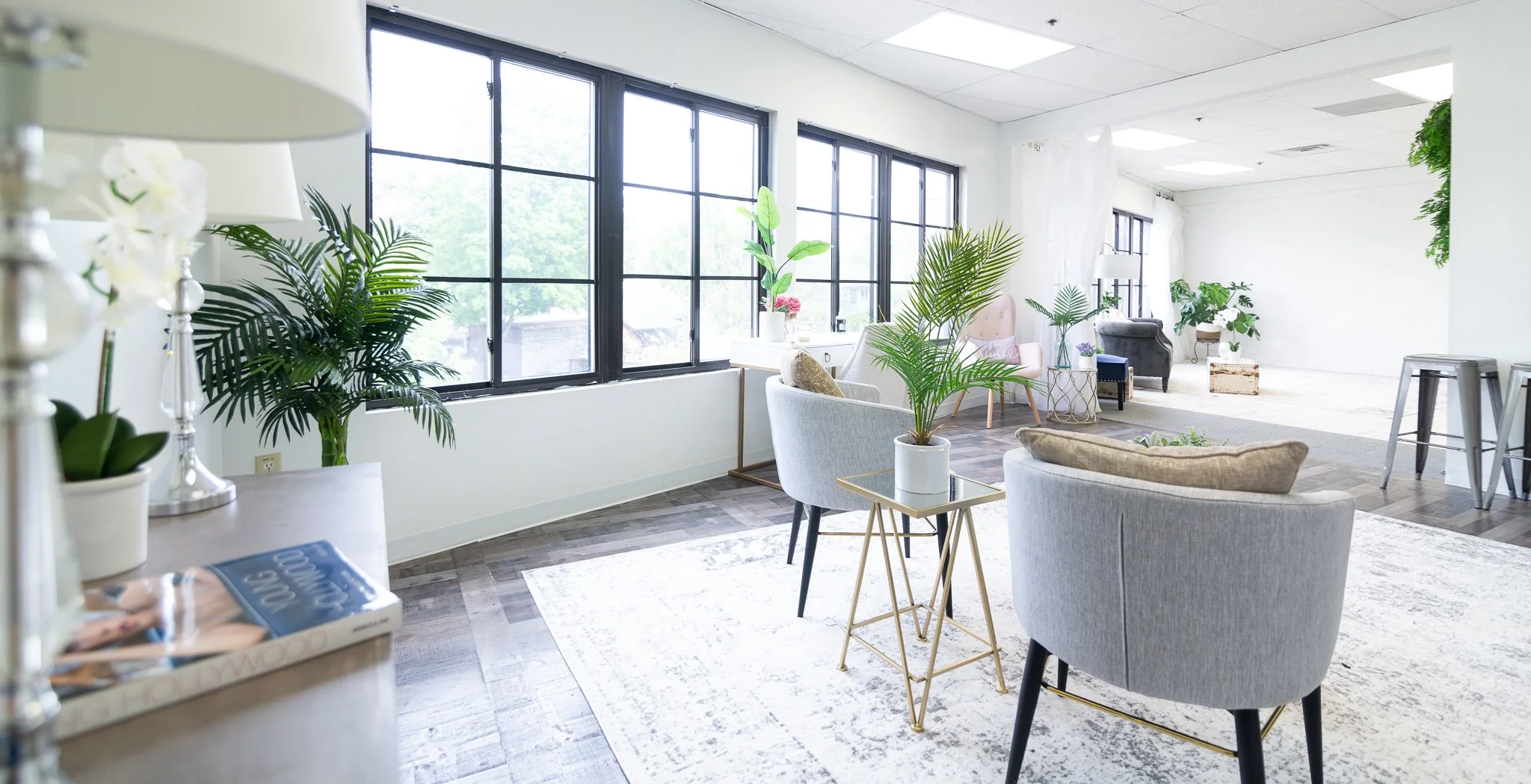 Wide angle view of full 2000 sq ft photography studio rental space in Manchester New Hampshire