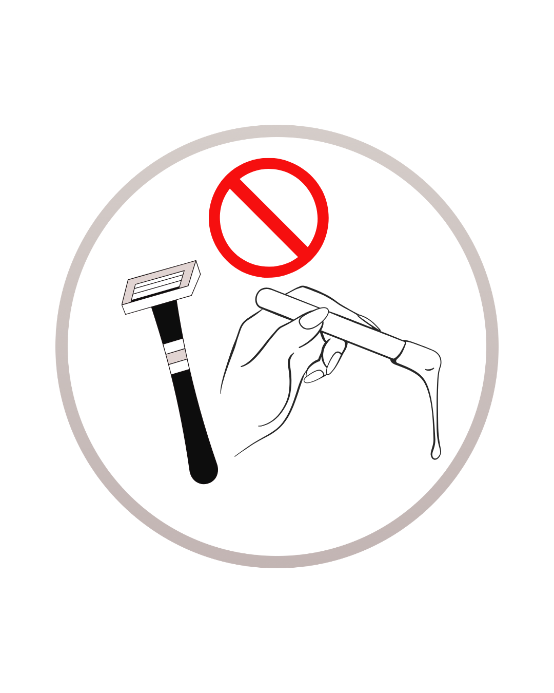 Illustration showing a razor and a hand holding a razor with cream, with a red prohibition symbol above, indicating no shaving.