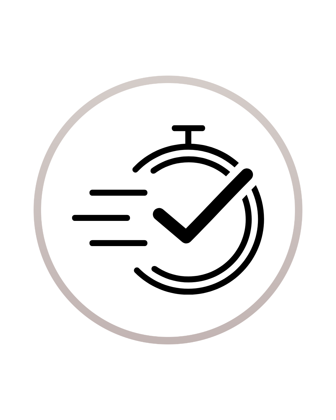 Icon of a stopwatch with a checkmark and motion lines indicating speed or quickness.