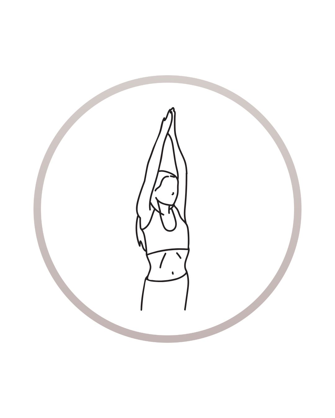 Line drawing of a woman practicing yoga, standing with arms extended overhead and palms pressed together.