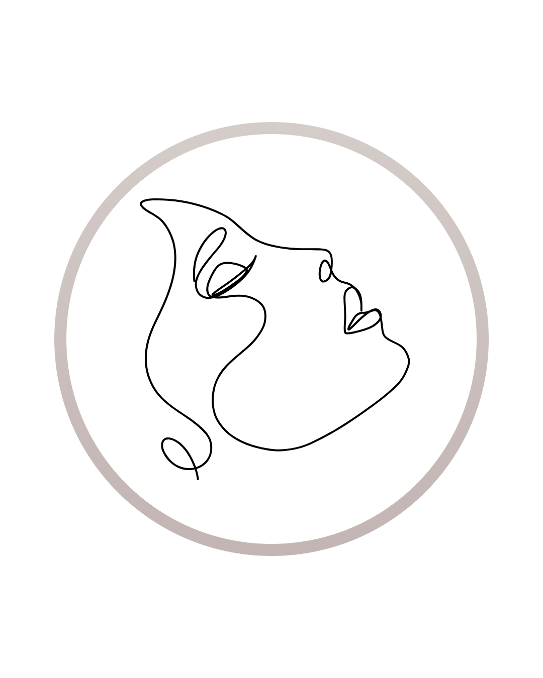 Minimalist line art illustration of a woman's face in profile inside a circular frame.