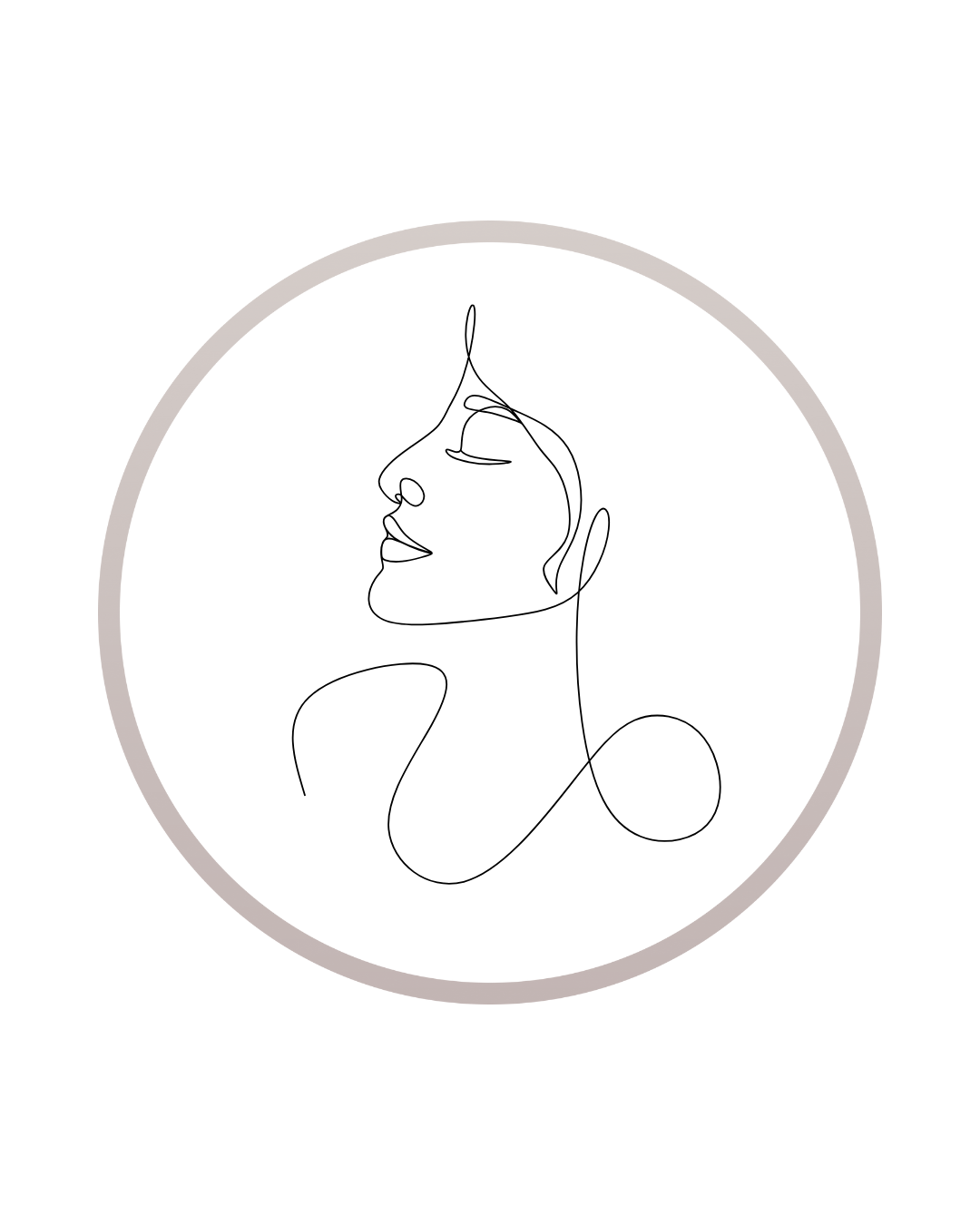 Minimalist line art drawing of a woman's face with her eyes closed and a slight smile, inside a circular frame on a white background.