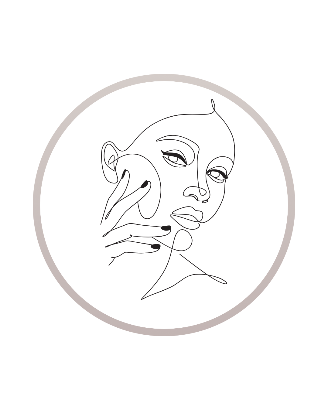 Line art illustration of a woman's face with her hand touching her cheek, enclosed in a circular border.