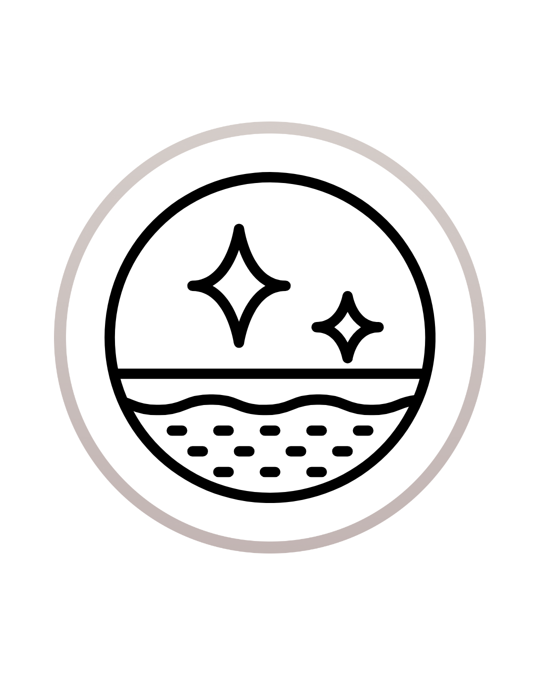 A minimalistic black and white icon of a beach with two shining stars, waves, and dotted sand at the bottom.