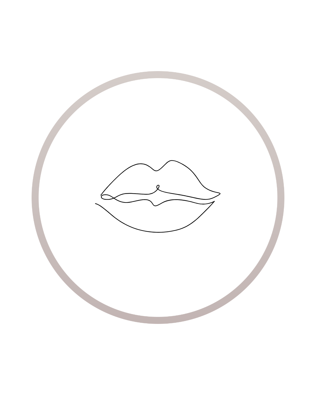 Minimalist line drawing of lips within a gray circular border.