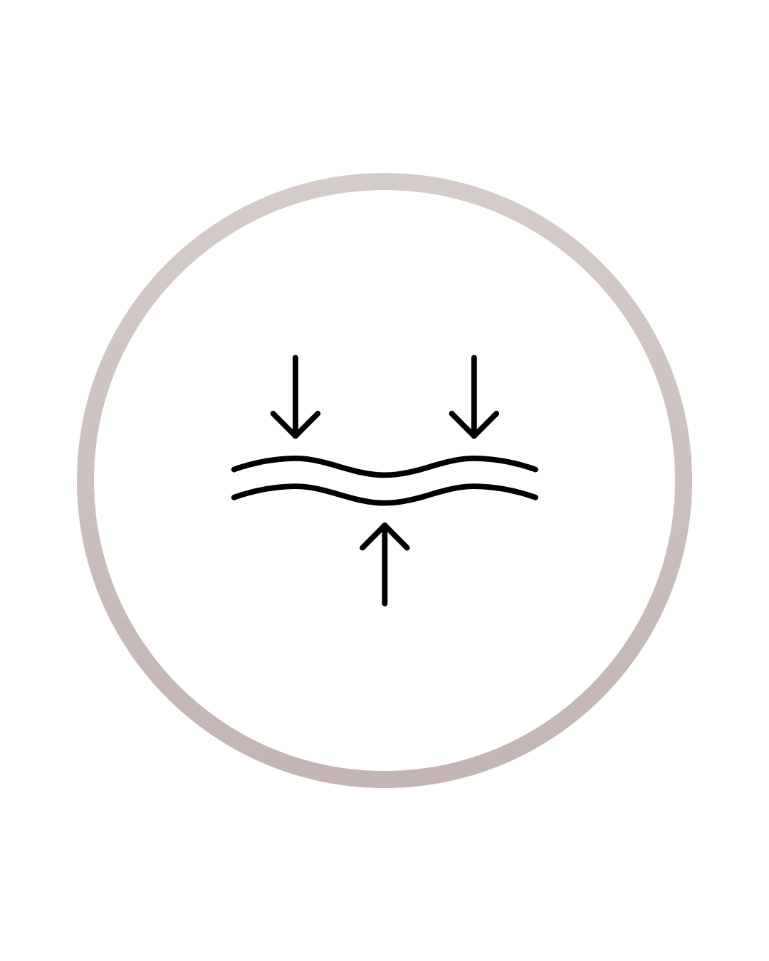Diagram showing water pressure with arrows pointing downward on the water surface and one arrow pointing upward beneath it.