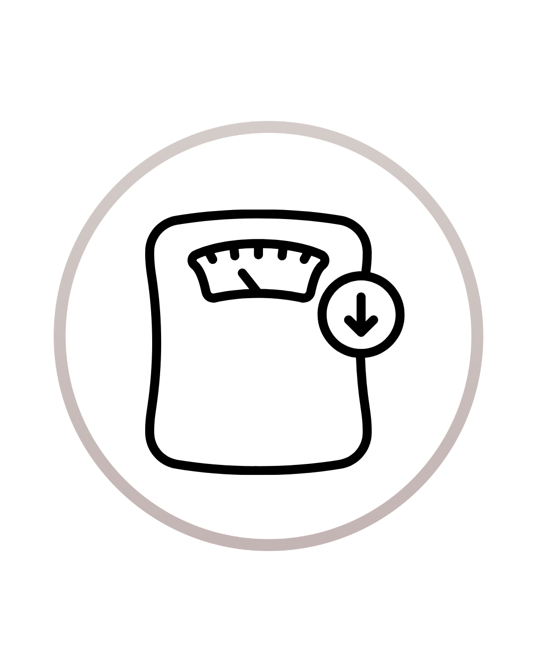 Outline drawing of a weighing scale with an arrow pointing down, indicating weight measurement or download.