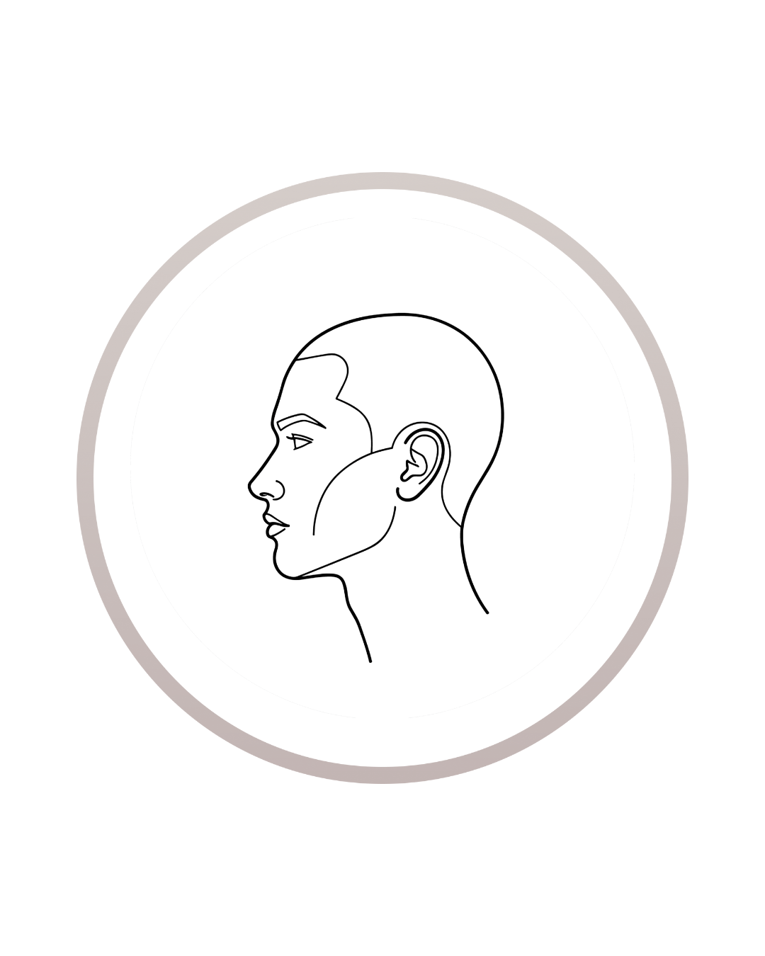 Line drawing of a person's profile in a circle, showing facial features and hairline.