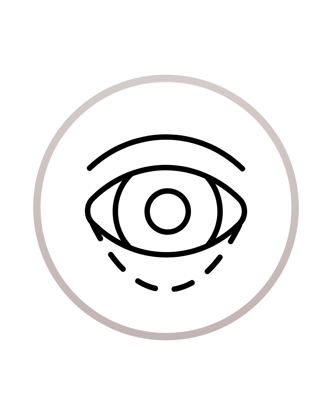 Line drawing of an eye with a dotted circle below it, encircled by a thin grey ring.