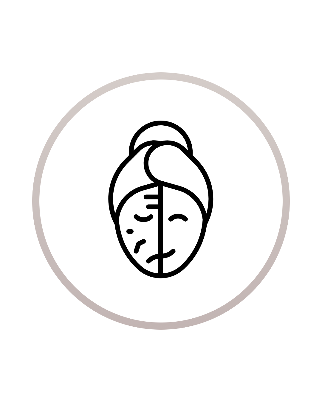 Line drawing of a face with half calm and half distressed expression, surrounded by a circular border.