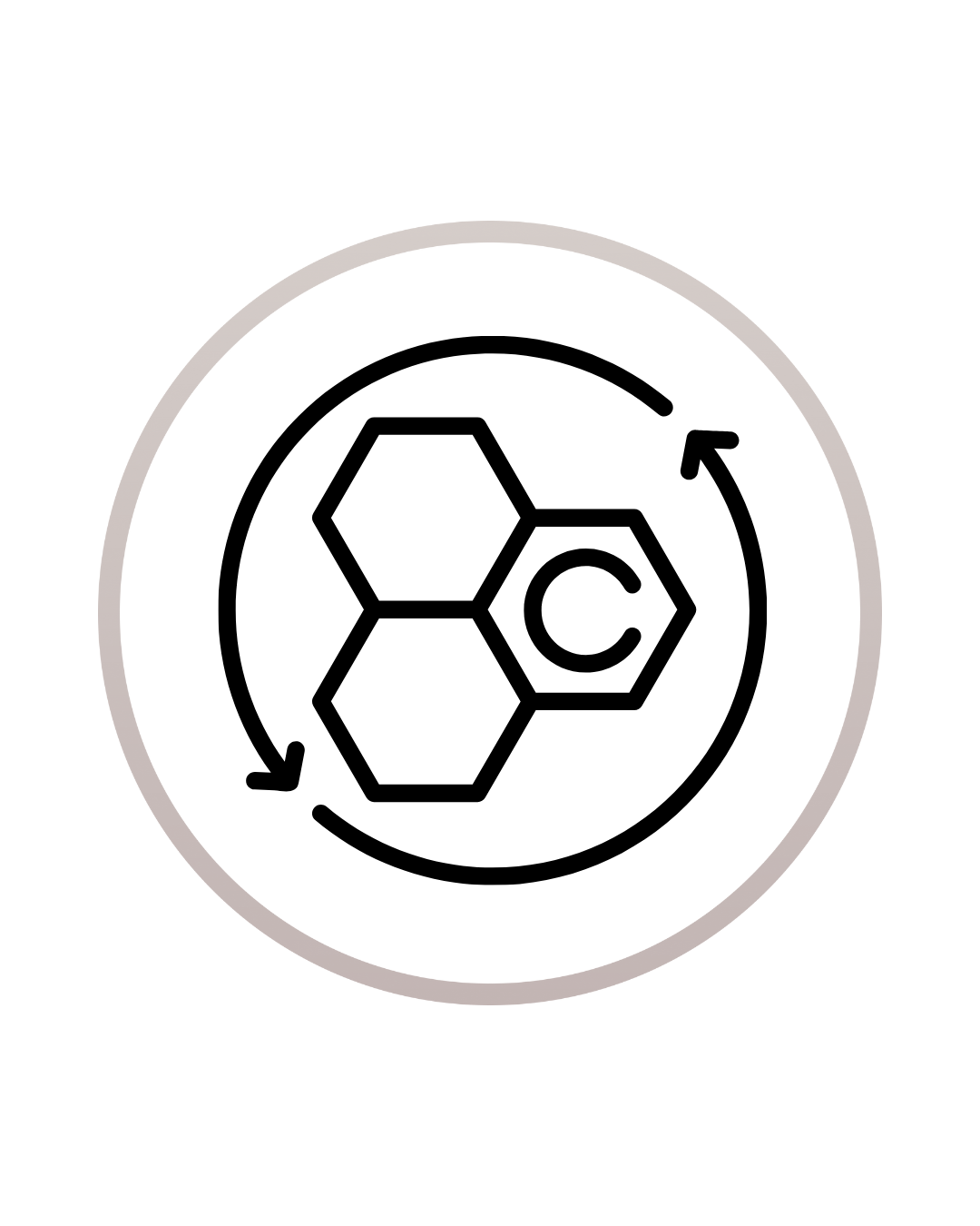A black line illustration of a molecular structure with three hexagons, one containing the letter 'C', surrounded by a circular arrow.