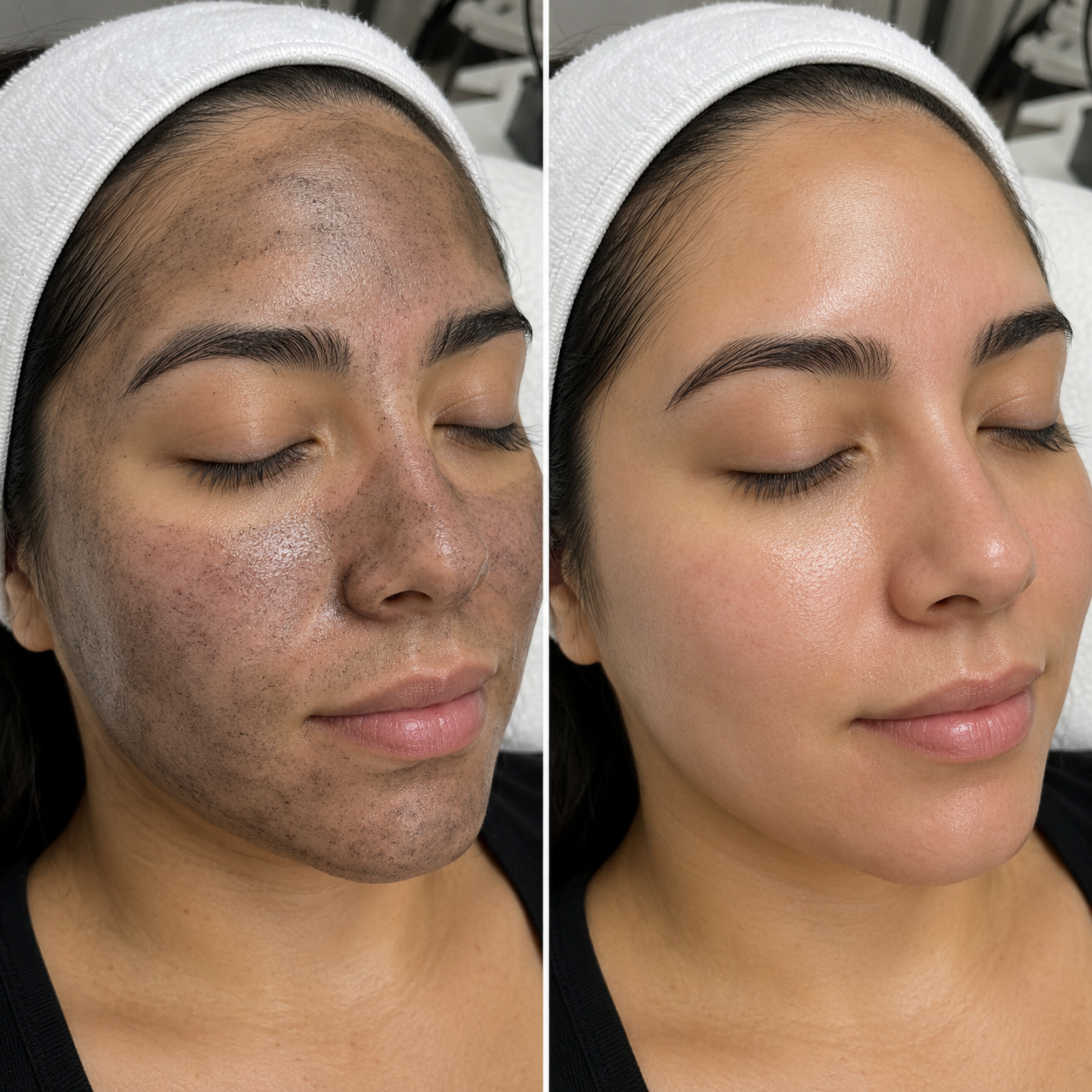 A side-by-side comparison of a woman's face before and after skincare treatment, showing improved skin clarity, reduced redness and dark spots, with a smoother complexion.