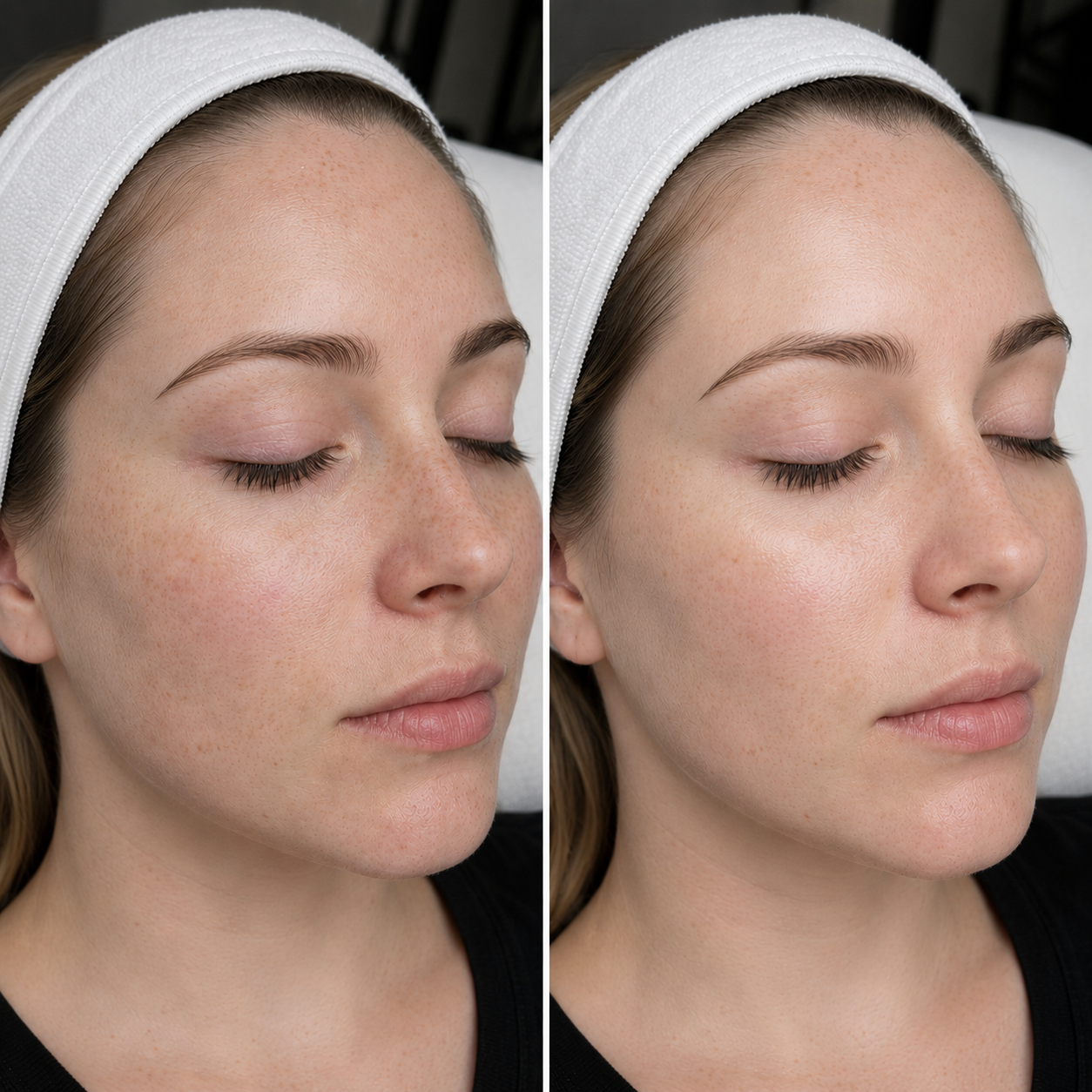 Side-by-side comparison of a woman's face before and after skincare treatment, showing improved skin clarity and even tone.