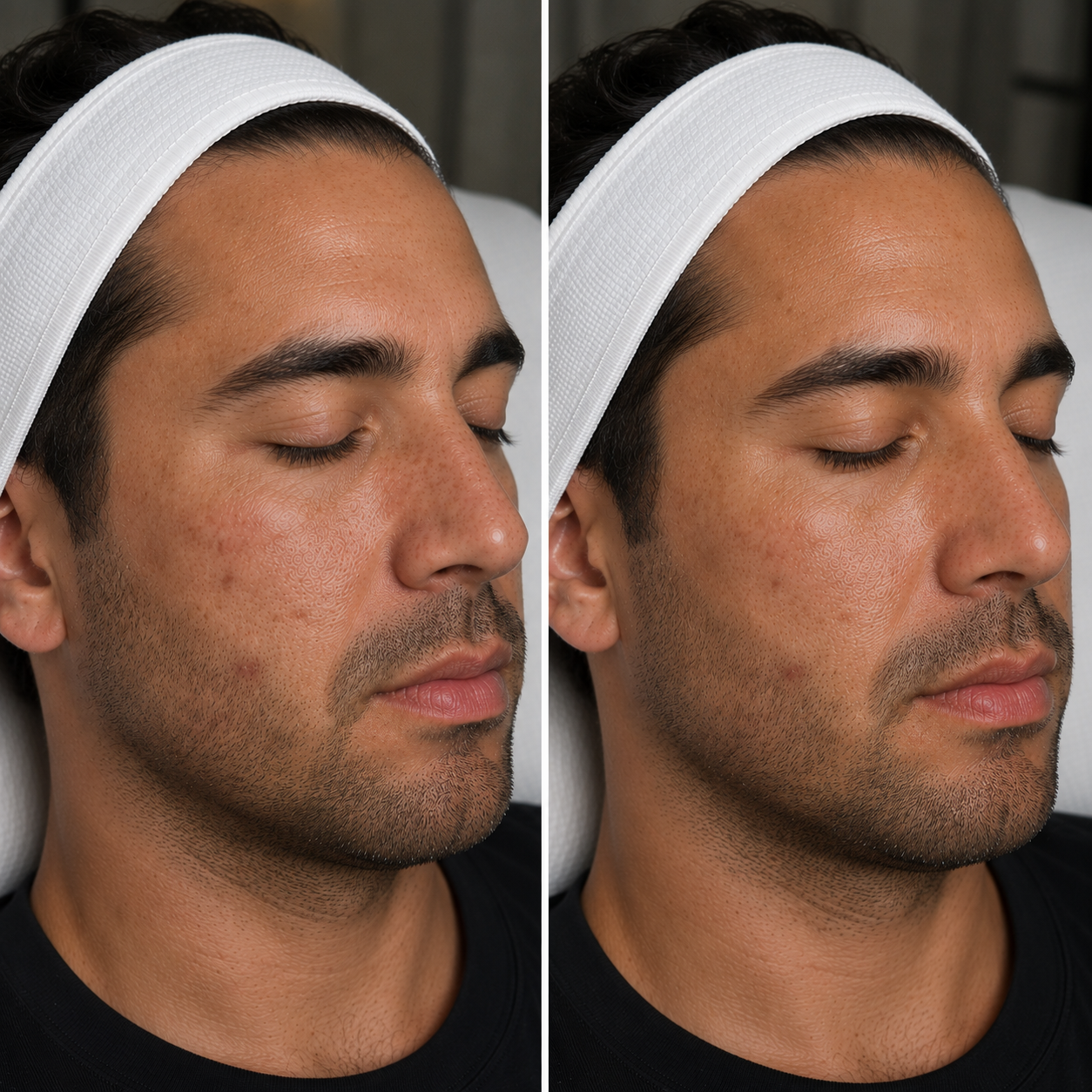 Side-by-side images of a man with dark hair, wearing a white headband, showing before and after close-up of skincare results. The left image shows the man with visible skin redness and blemishes, while the right image shows smoother, clearer skin.