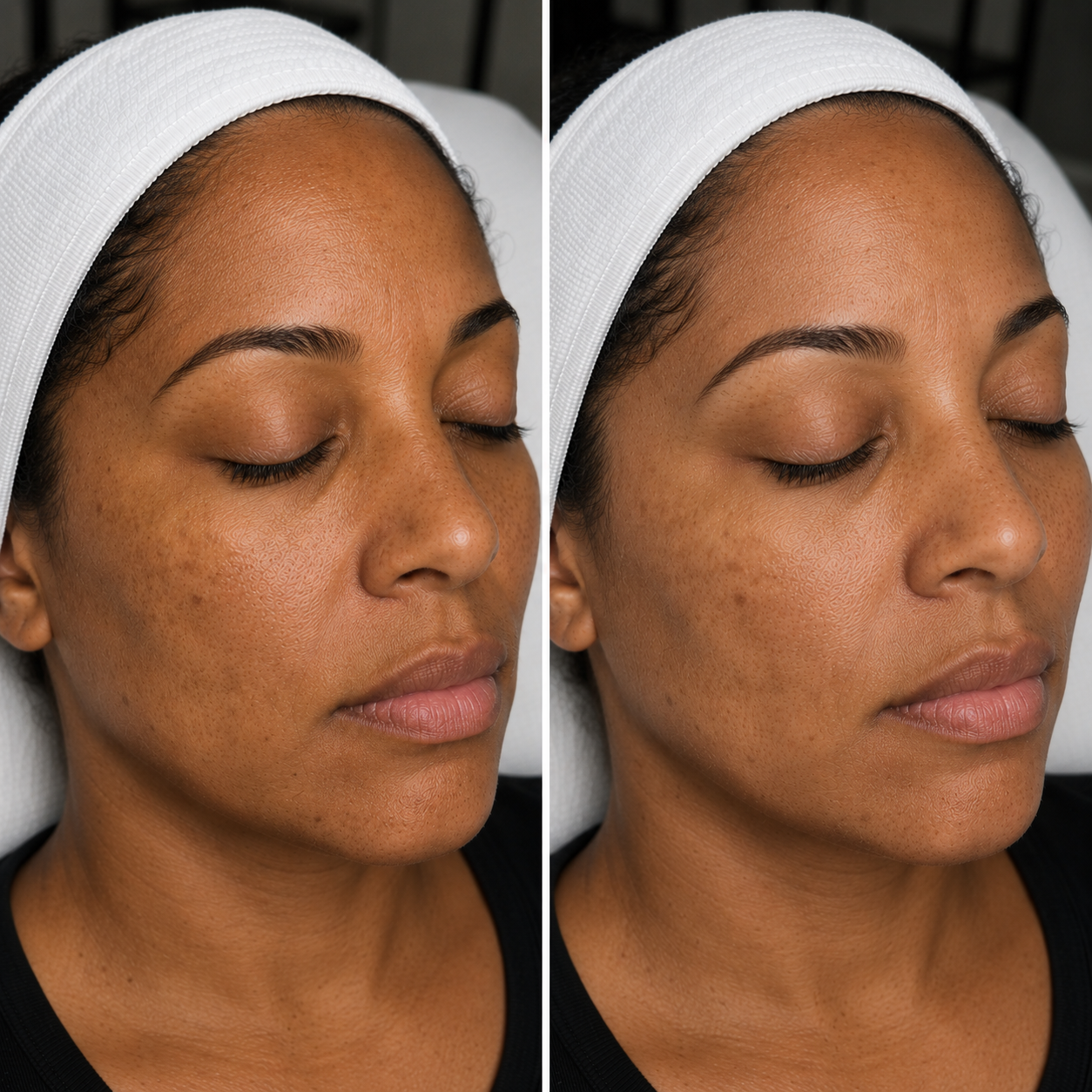 Side-by-side comparison of a woman's face showing the results of a skincare treatment, with improved skin texture and tone in the after image.