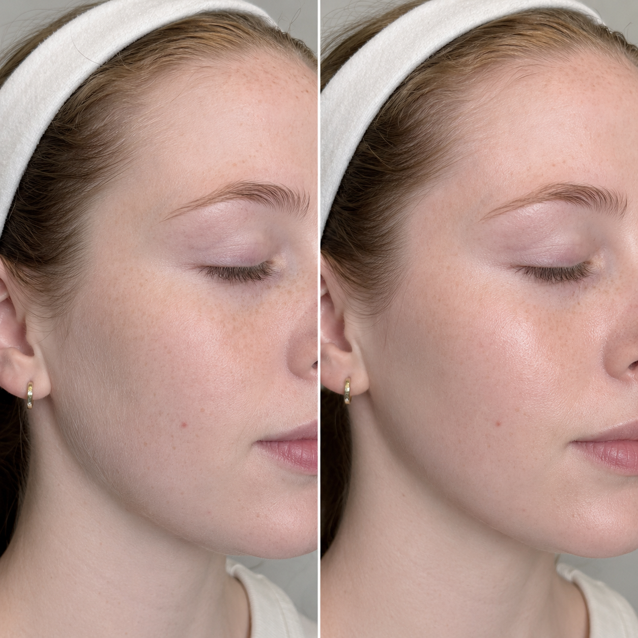 Side-by-side comparison of a woman's face showing before and after skincare treatment, with clear, smooth skin and minimal visible freckles or blemishes.