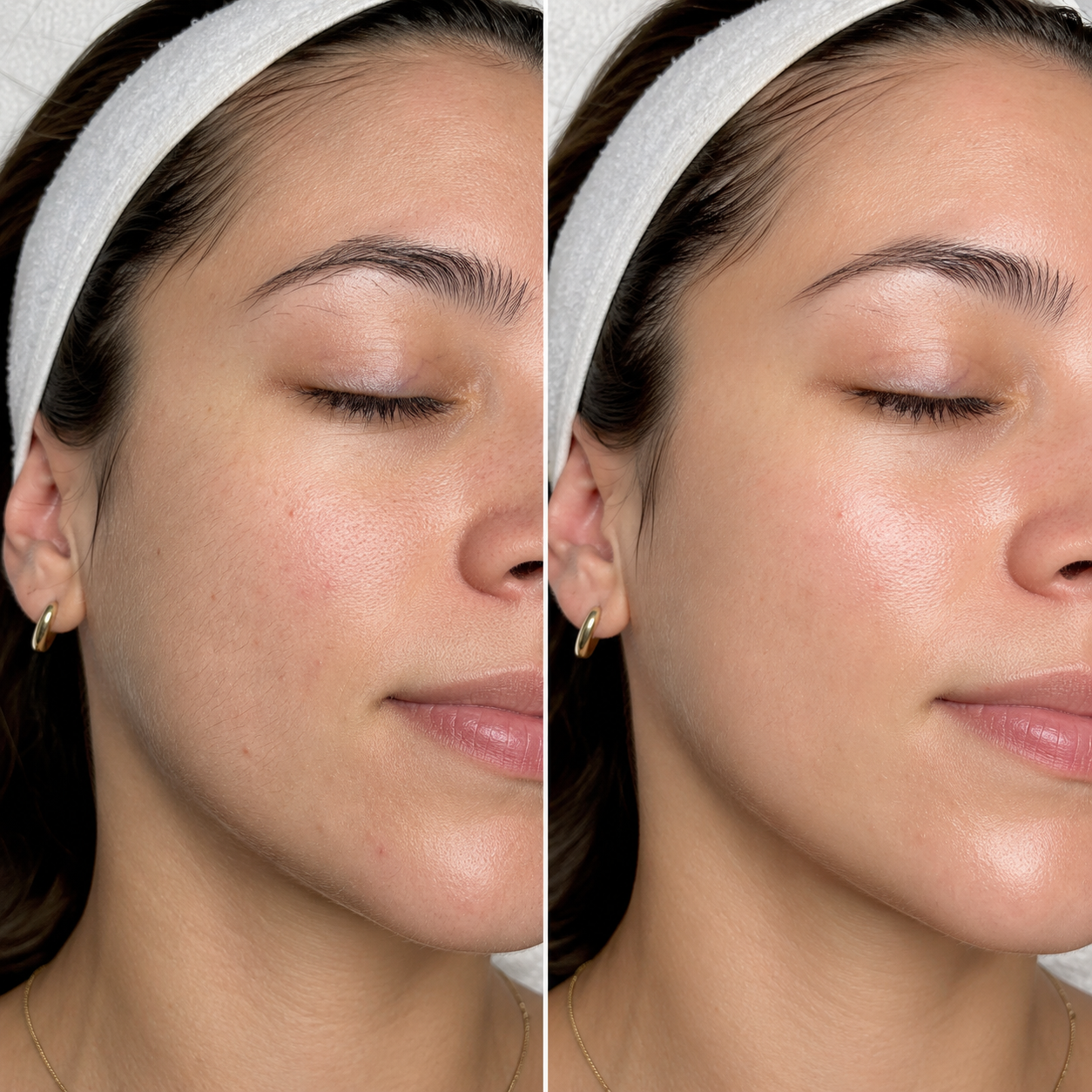 Side-by-side comparison of a woman's face, showing improvements in skin texture and tone after skincare treatment or makeup application.