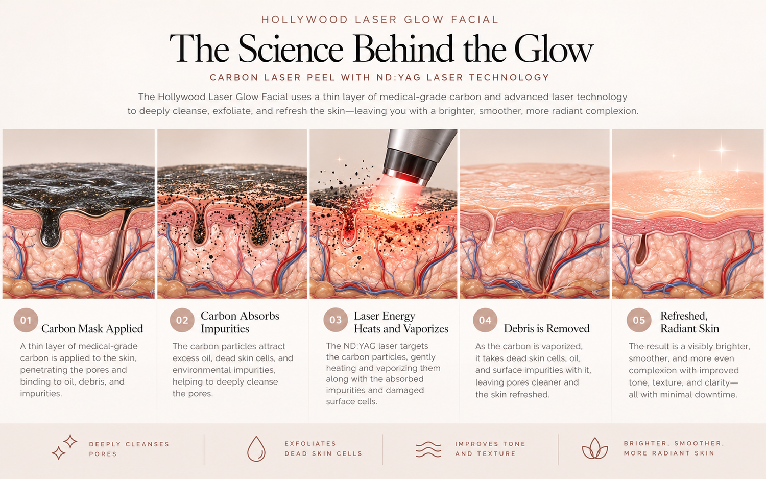 The Science Behind the Glow infographic showing five stages of the Hollywood Carbon Laser Facial