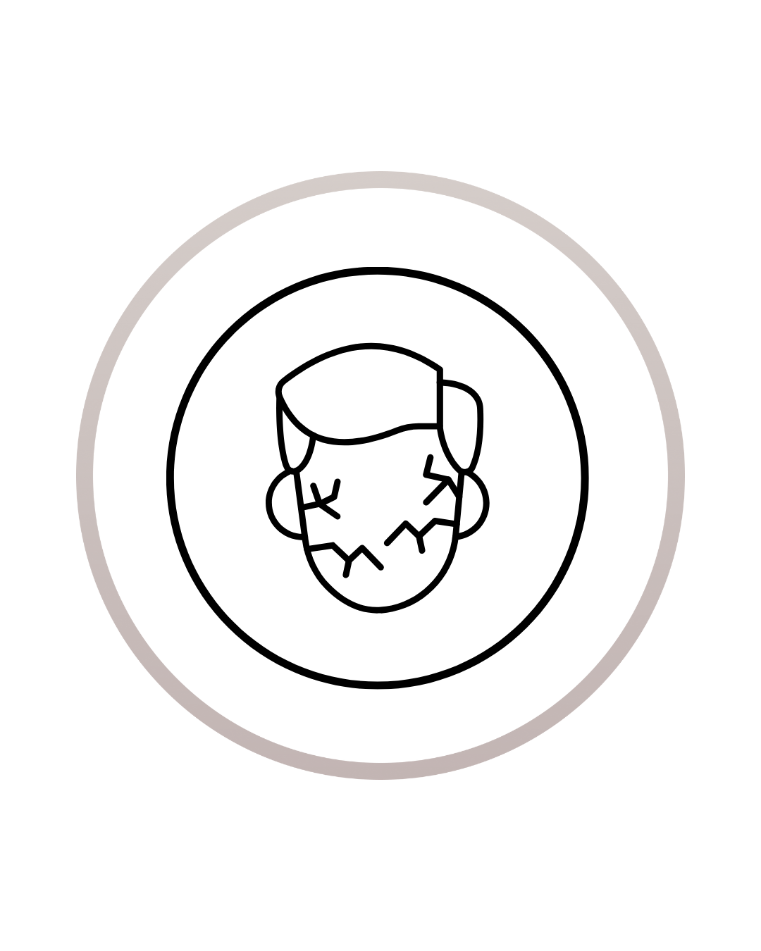 Outline illustration of a person's face with cracks and scars, enclosed in a circular frame.