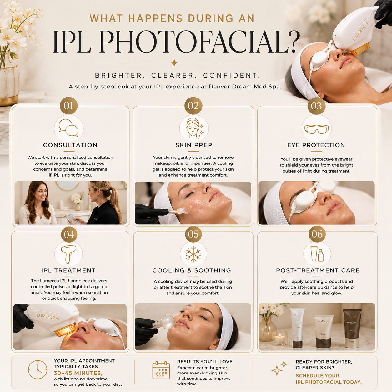An infographic explaining the IPL photofacial process, including consultation, skin prep, eye protection, IPL treatment, cooling and soothing, and post-treatment care, with images of a woman receiving the treatment and skincare products.