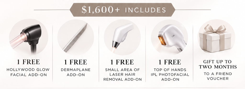 Skin and Tox Club complimentary Hollywood Glow, dermaplaning, laser hair removal and IPL add-ons plus friend gifting voucher