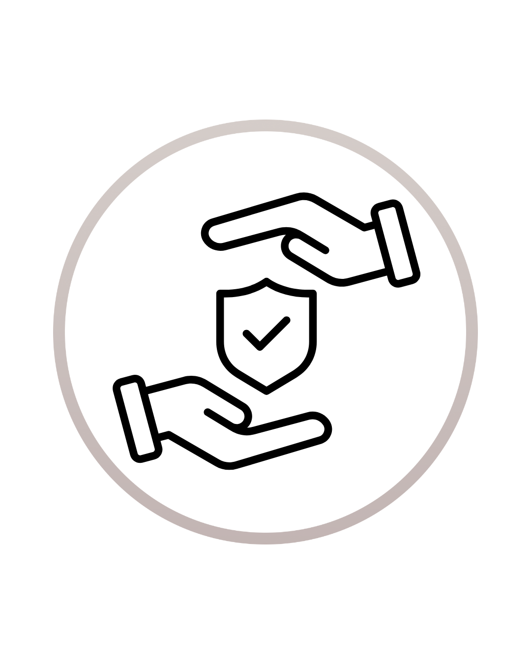 Outline of two hands holding a shield with a check mark, symbolizing protection or security.