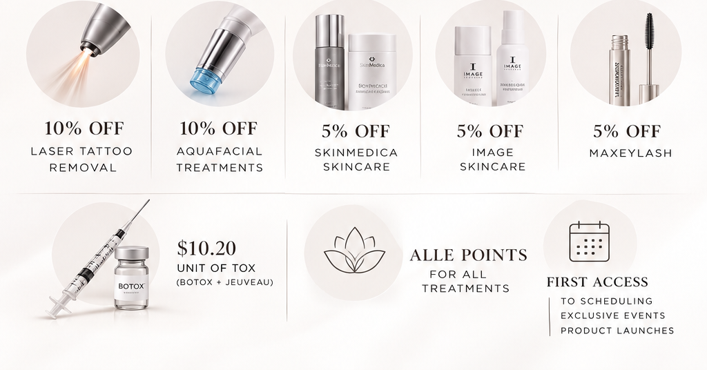 Skin and Tox Club savings on tattoo removal, AquaFacial, SkinMedica, IMAGE Skincare, Maxeylash and neurotoxins