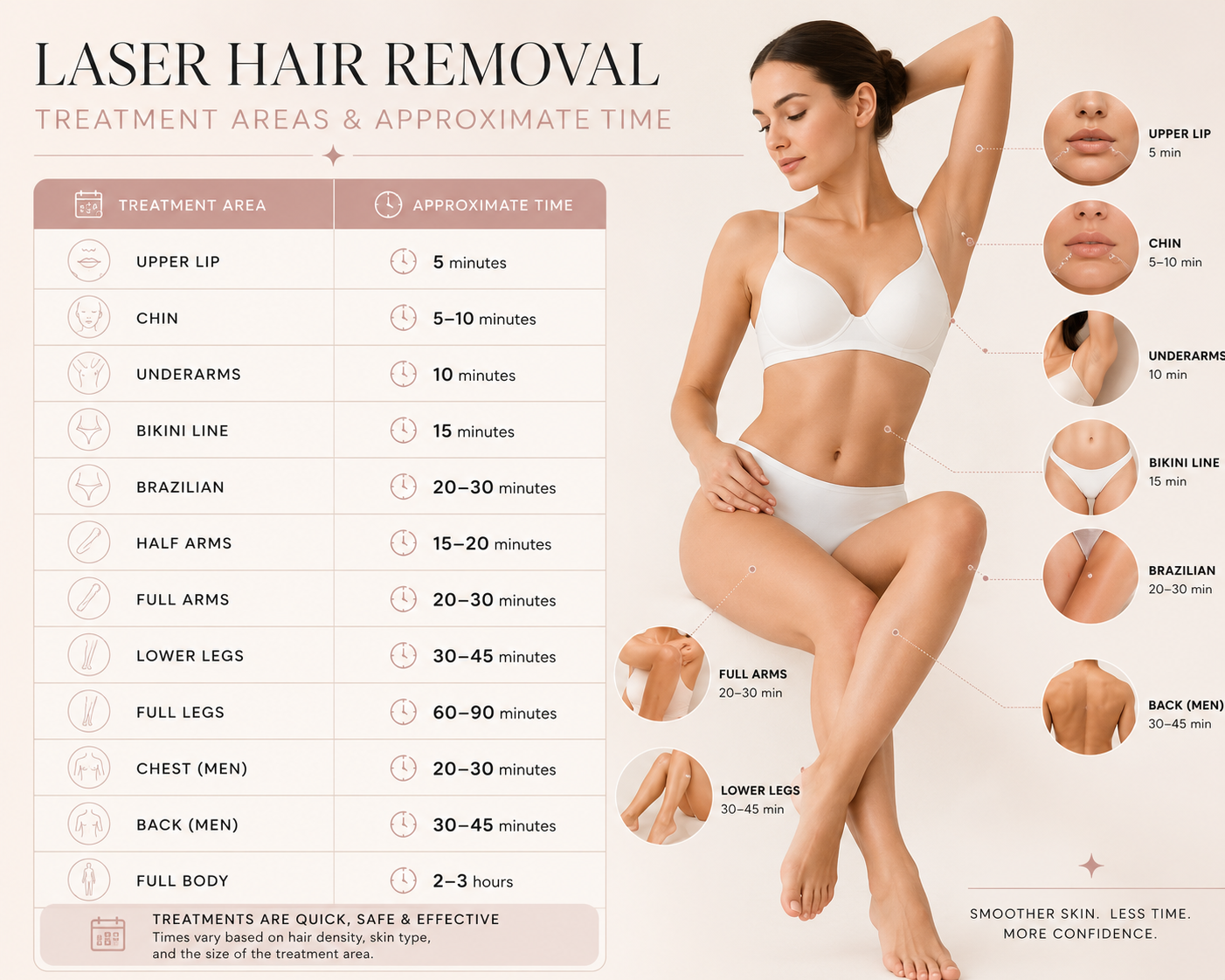 A woman sitting cross-legged with her eyes closed, applying laser hair removal to her armpit. The image provides a diagram of various treatment areas for laser hair removal, including upper lip, chin, underarms, bikini line, Brazilian, half arms, full arms, lower legs, full legs, chest, back, and full body, with estimated treatment times for each area.