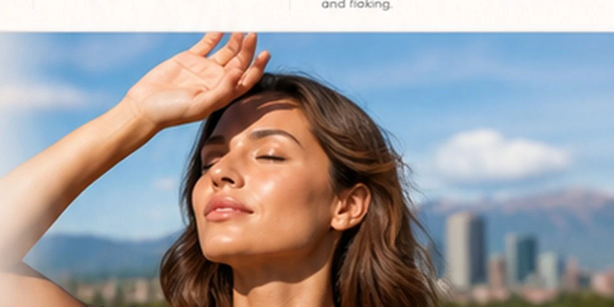 Sunlit beauty portrait with Denver skyline and Colorado mountains, illustrating sun exposure and IPL photofacial care
