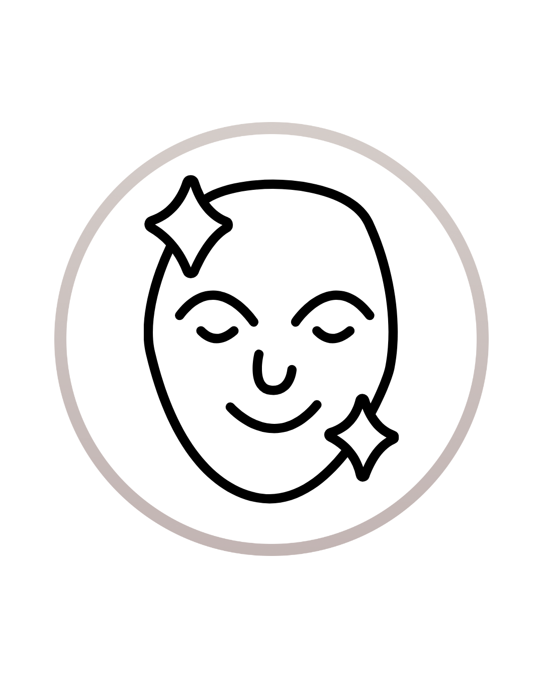 Line drawing of a smiling face with closed eyes, adorned with sparkling stars, inside a circular border.