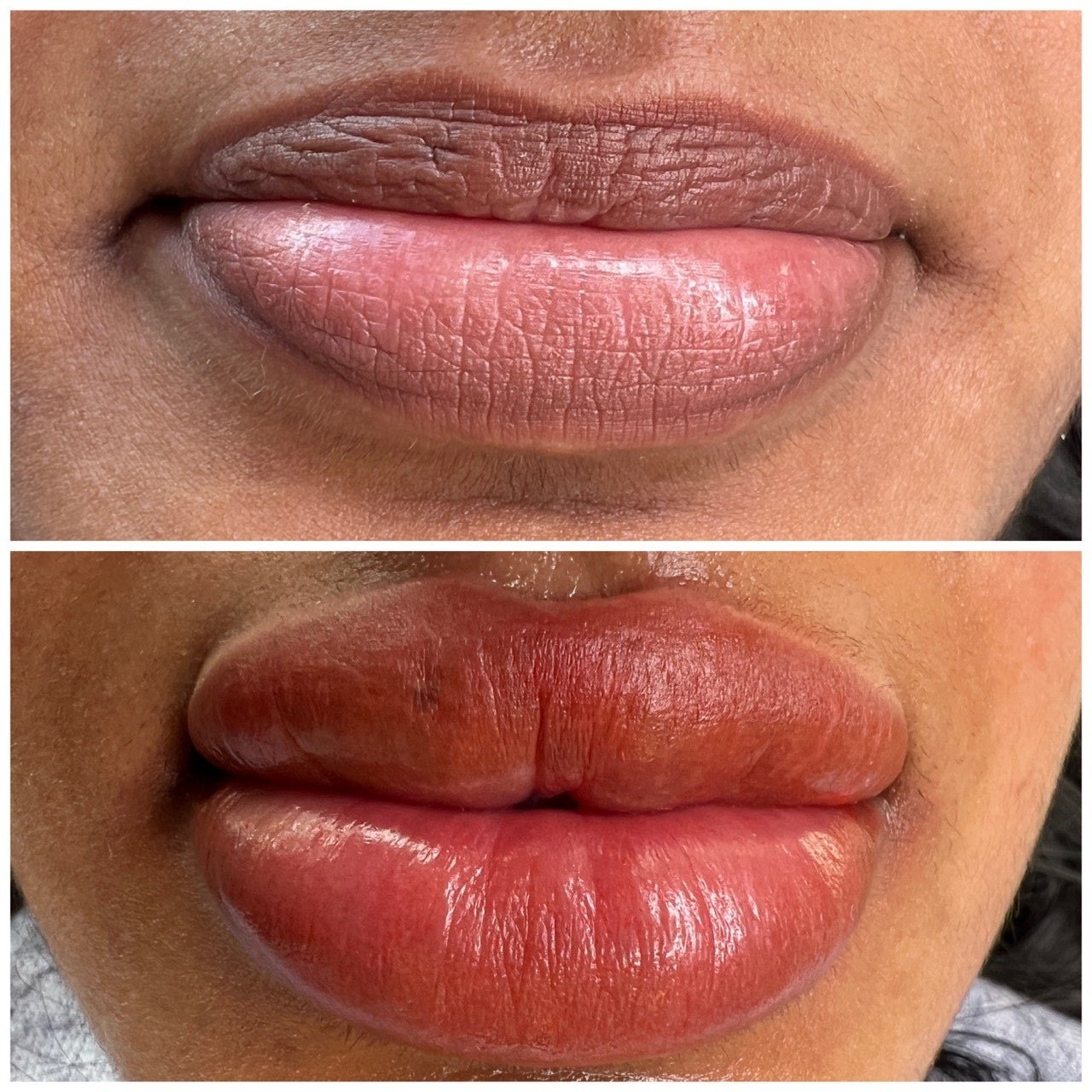 Close-up comparison of a person's lips before and after applying lipstick; top shows natural lips, bottom shows lips with reddish lipstick.