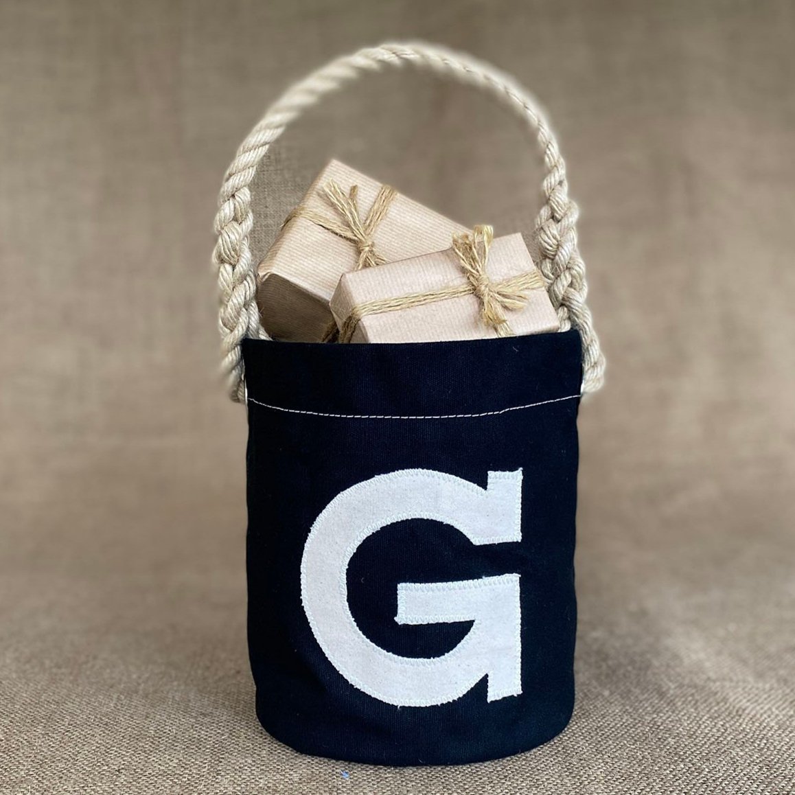 Personalised traditional Ditty Bag, cream letter stitched to front. Handmade in Cornwall.