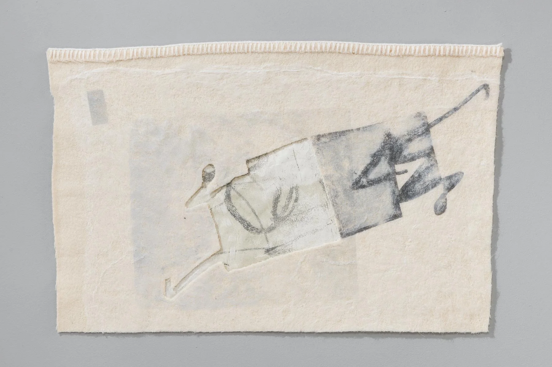 LACUNA 1. 50 x 30cm unframed. Transfer print on paper, embellished chiffon & found blanket.
