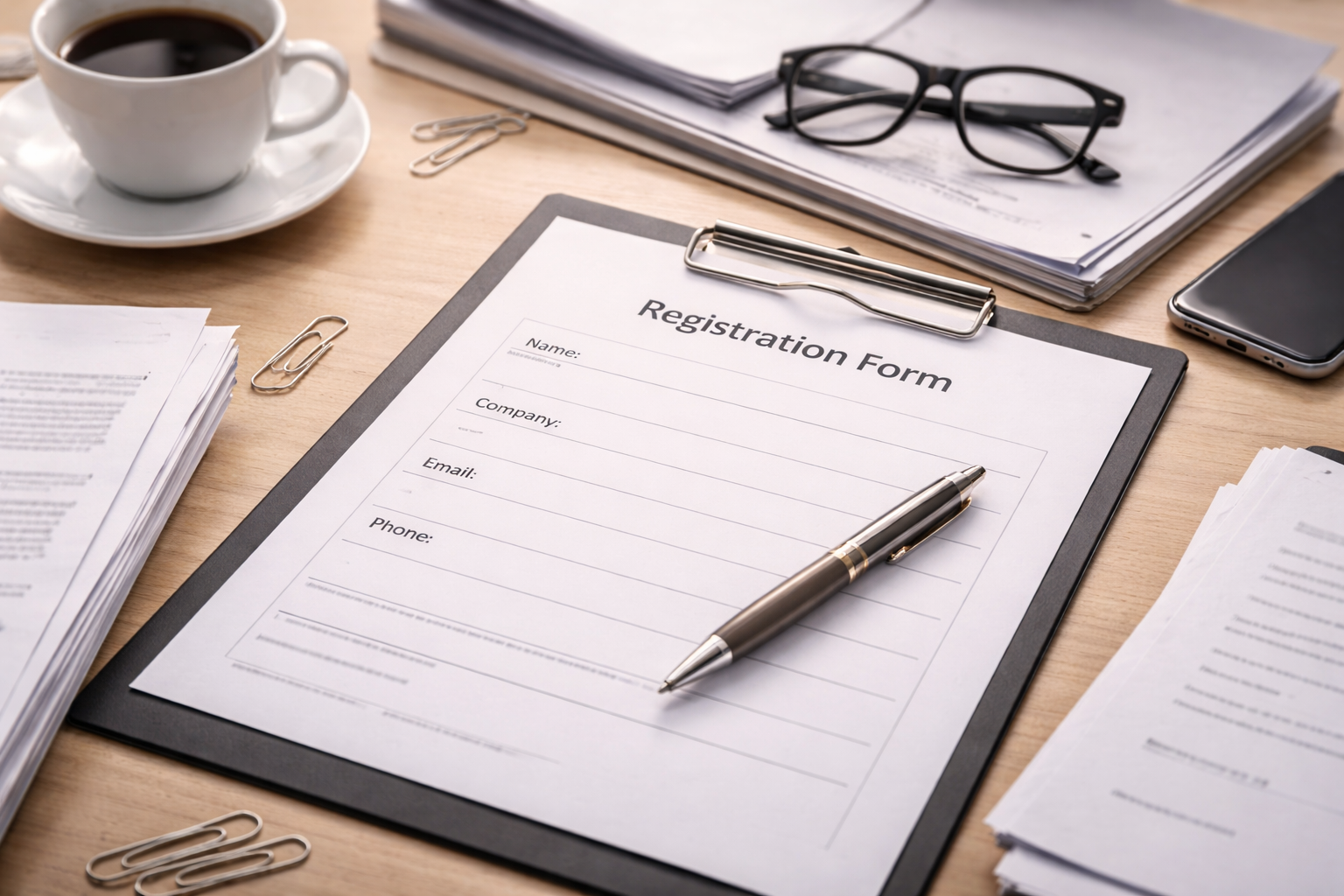 A registration form on a clipboard with a pen, surrounded by stacks of papers, paper clips, glasses, a smartphone, and a cup of coffee on a wooden desk.