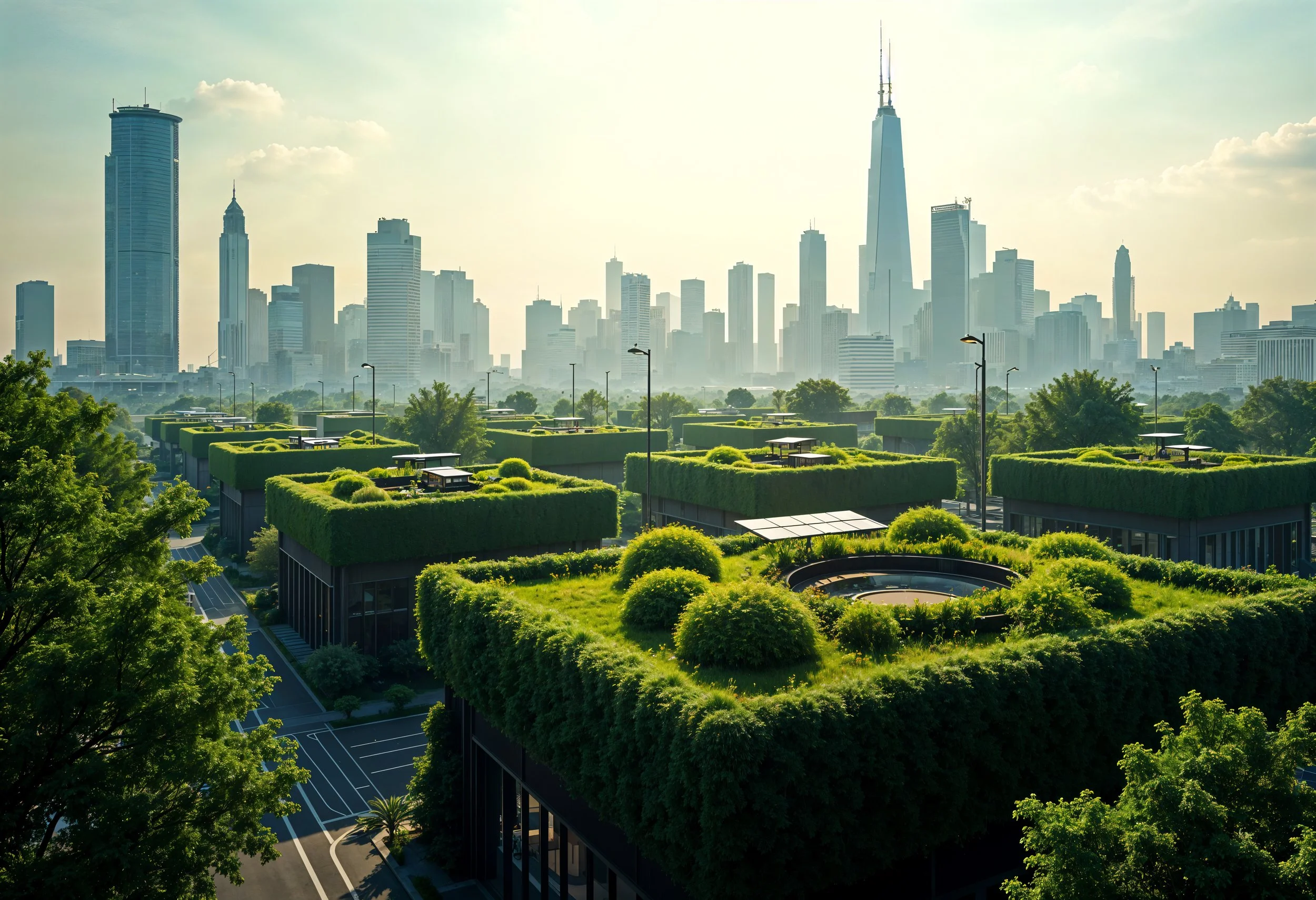 City skyline with tall skyscrapers and modern green rooftop buildings in the foreground, under a partly cloudy sky.