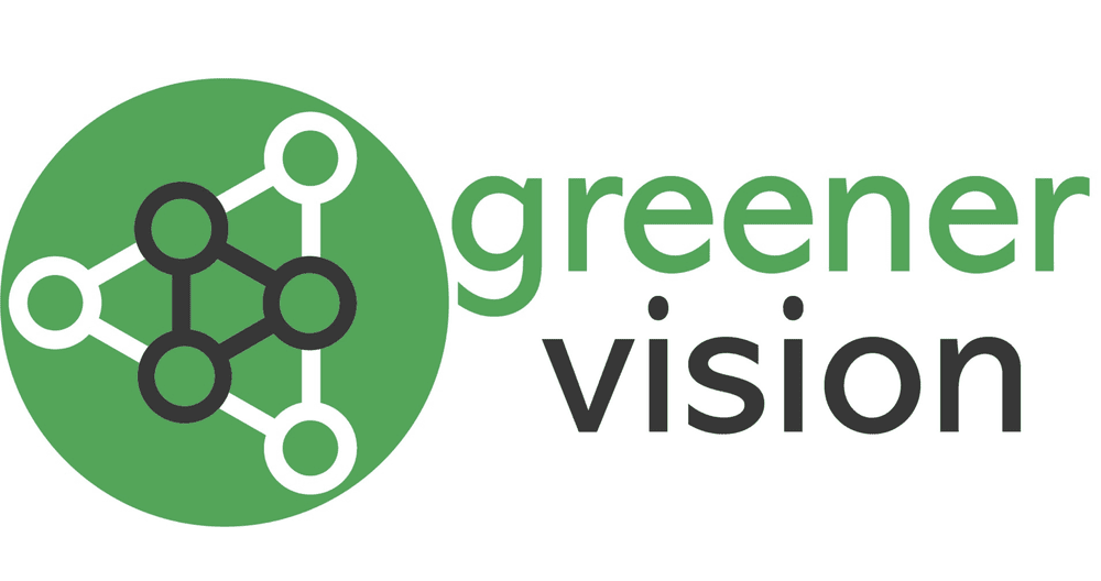 Logo with a green circle containing a network of connected black and white circles and the text "greener vision" in green and black.