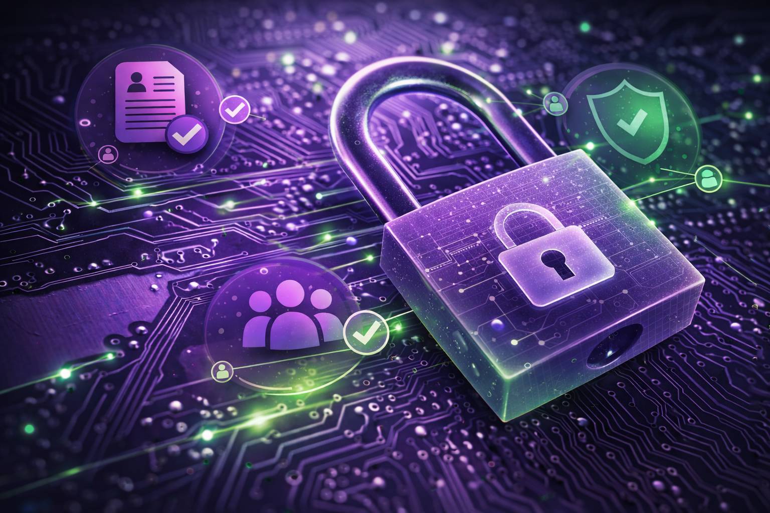 A digital illustration of a glowing purple padlock on a circuit board background, symbolizing cybersecurity. Surrounding icons depict documents, people, and shield symbols with checkmarks, representing data protection and secure user information.