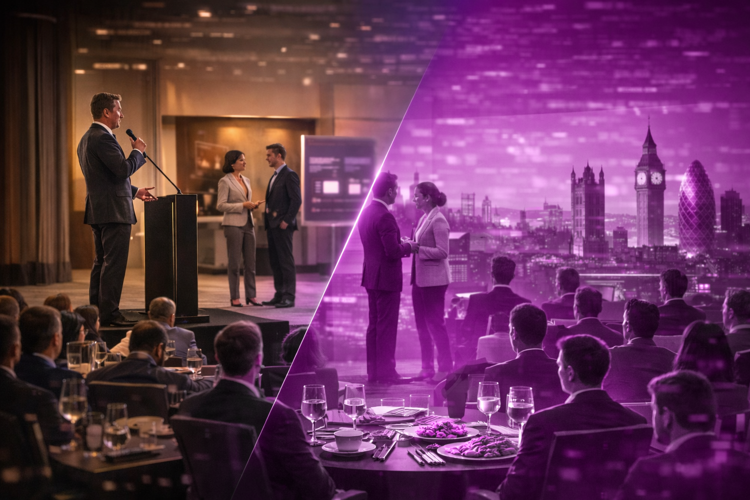 The image shows a split scene of a professional event. On the left, a man in a suit is speaking at a podium to an audience in a banquet hall. On the right, two people, a man and a woman, are shaking hands in front of a digital backdrop of a city skyline illuminated at night with a purple hue.