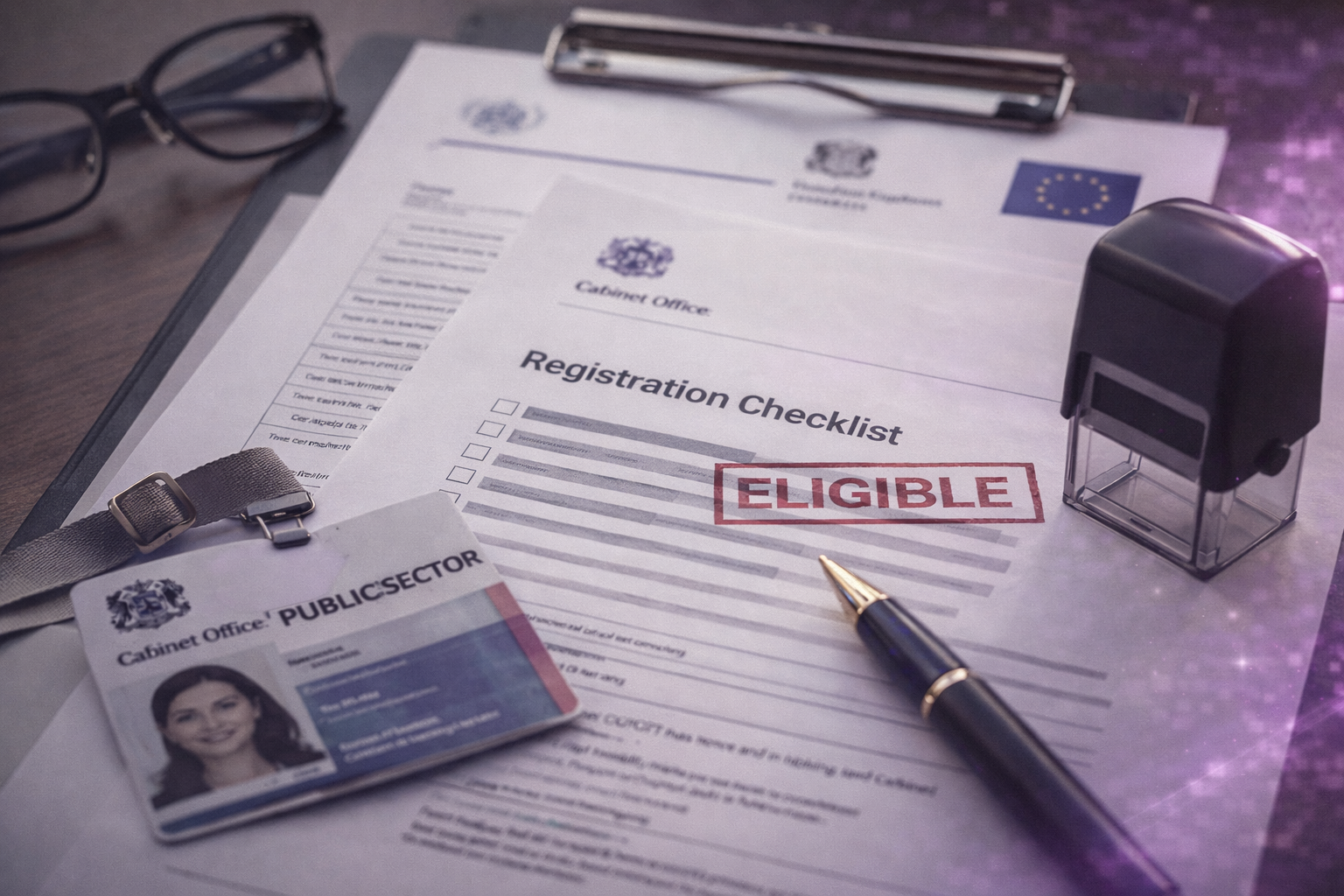 An eligibility checklist document labeled 'Registration Checklist' on a desk, with an 'ELIGIBLE' stamp, a pen, a pair of glasses, a stamp, and an ID badge nearby.