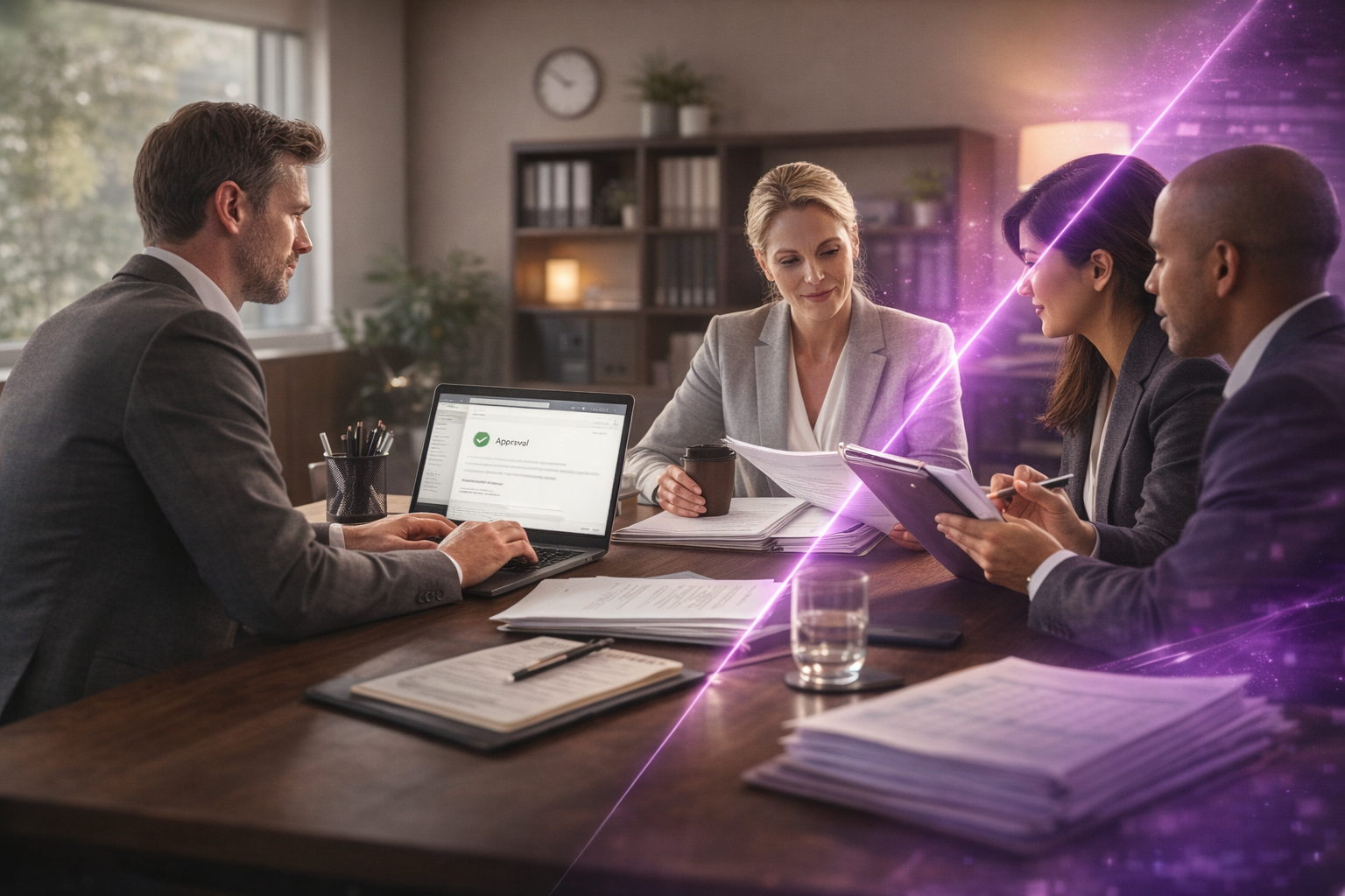 Business meeting with four people, government workers discussing digital approval process, with glowing purple digital effects.