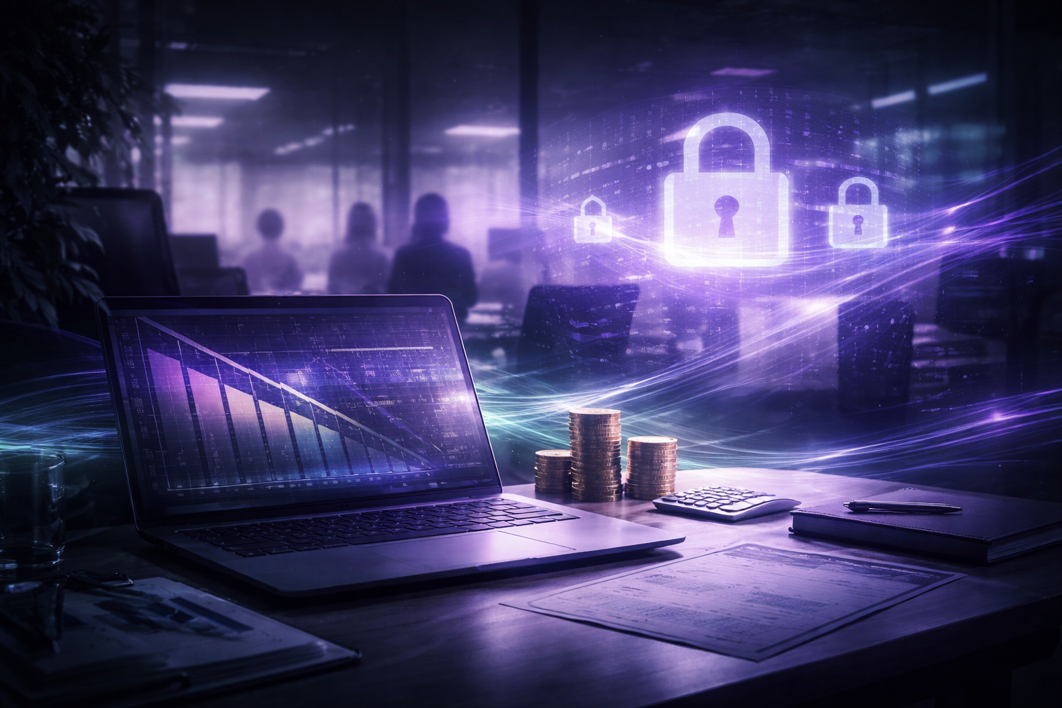 A laptop on a desk displaying a downward trending stock chart, with stacks of coins, a calculator, and a pen nearby. Digital graphics of locks and security icons float in the background, symbolizing cybersecurity or data protection.